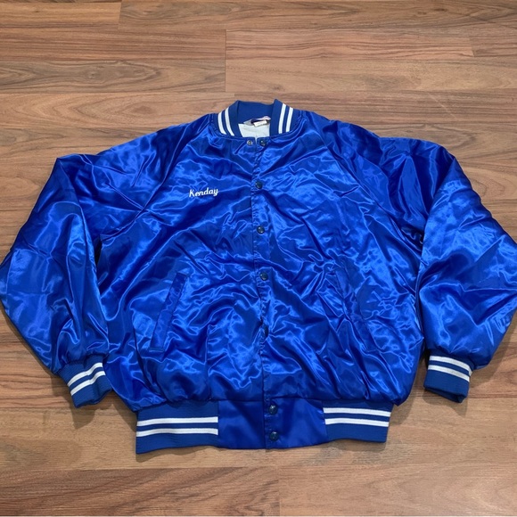 Vintage Wear Guard Blue Satin Bomber Crew Jacket Adult XL Snap Button - Picture 1 of 8